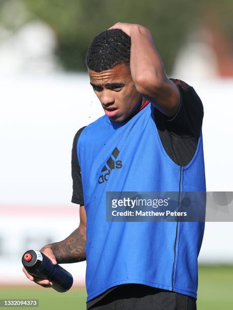 Mason Greenwood of Manchester United in action during a first team training session on August 02, 2021 in St Andrews, Scotland.