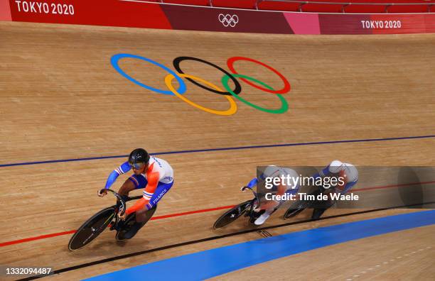 Florian Grengbo, Sebastien Vigier and Rayan Helal of Team France sprint during the Men´s team sprint finals, bronze medal of the Track Cycling on day...