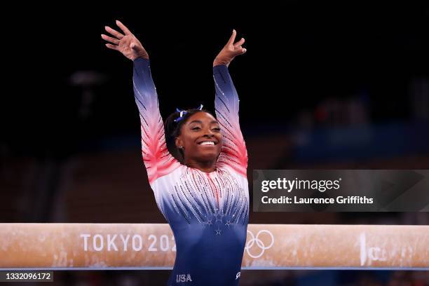 Simone Biles of Team United States competes during the Women's Balance Beam Final on day eleven of the Tokyo 2020 Olympic Games at Ariake Gymnastics...