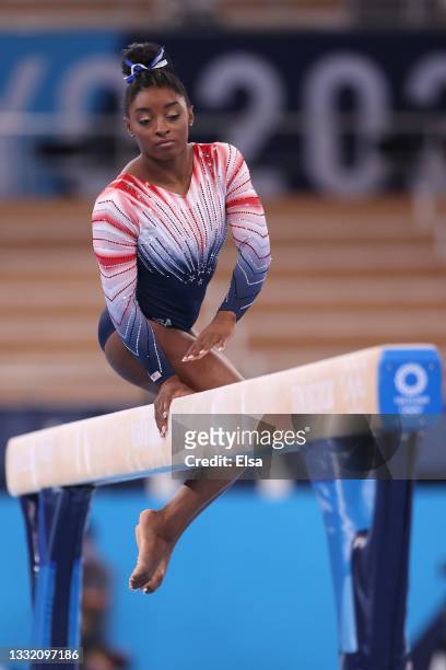Simone Biles of Team United States competes in the Women's Balance Beam Final on day eleven of the Tokyo 2020 Olympic Games at Ariake Gymnastics...