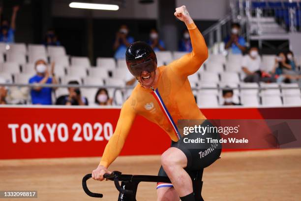 Roy van den Berg of Team Netherlands celebrates winning a gold medal and setting a new Olympic record during the Men´s team sprint finals, gold medal...