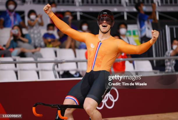 Harrie Lavreysen of Team Netherlands celebrates winning a gold medal and setting a new Olympic record during the Men´s team sprint finals, gold medal...