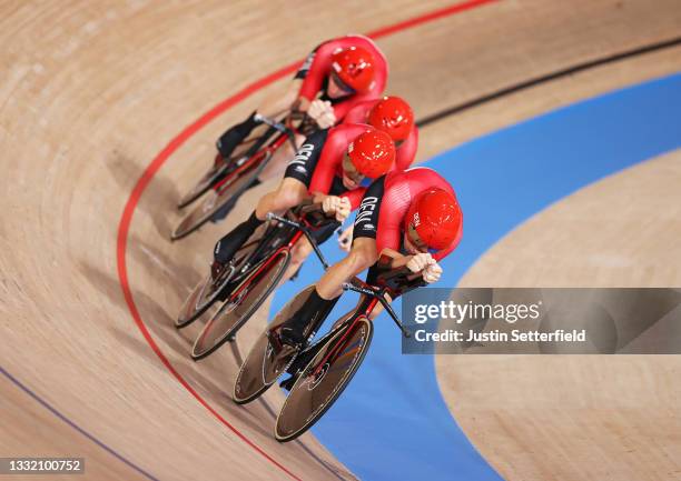 Lasse Norman Hansen, Niklas Larsen, Frederik Madsen and Rasmus Pedersen of Team Denmark compete during the Men´s team pursuit first round, heat 4 of...