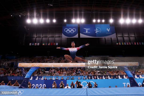 Simone Biles of Team United States competes in the Women's Balance Beam Final on day eleven of the Tokyo 2020 Olympic Games at Ariake Gymnastics...