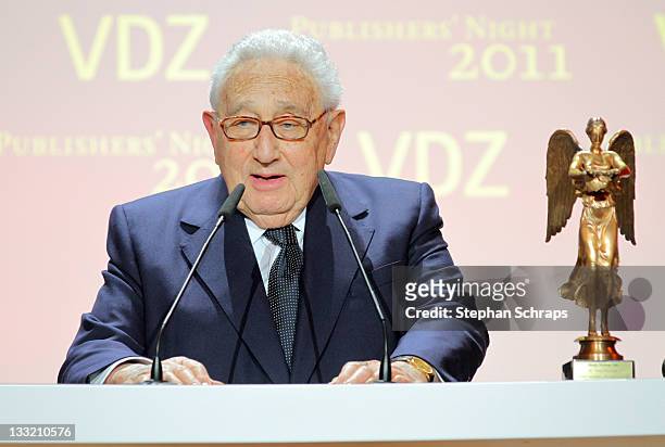 Prize winner of the golden Victoria, former US Secretary of State Henry Kissinger speaks at the Publishers Night 2011 at the Deutsche Telekom...