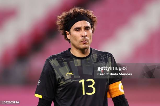 Guillermo Ochoa of Team Mexico looks on during the Men's Football Semi-final match between Mexico and Brazil on day eleven of the Tokyo 2020 Olympic...