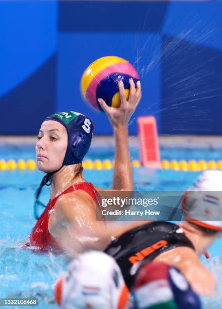 Gabriella Szucs of Team Hungary takes a shot during the Women's Quarterfinal match between Netherlands and Hungary on day eleven of the Tokyo 2020...