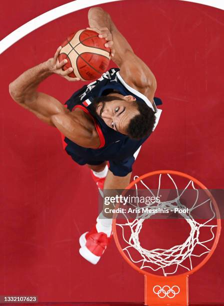 Rudy Gobert of Team France dunks against Team Italy during the second half of a Men's Basketball Quarterfinal game on day eleven of the Tokyo 2020...