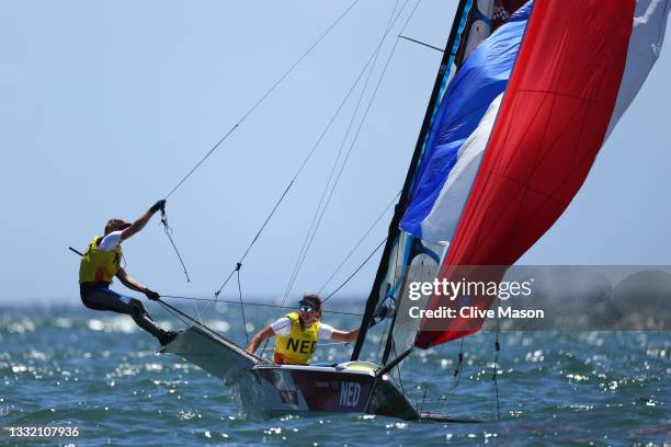 Annemiek Bekkering and Annette Duetz of Team Netherlands compete in the Women's Skiff 49er class on day eleven of the Tokyo 2020 Olympic Games at...