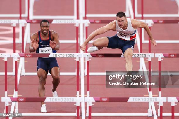 Wilhem Belocian of Team France reacts as Andrew Pozzi of Team Great Britain competes during the Men's 110m Hurdles on day eleven of the Tokyo 2020...