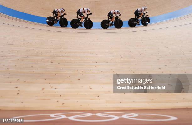 General view of Franziska Brausse, Lisa Brennauer, Lisa Klein and Mieke Kroeger of Team Germany sprint during the Women's team pursuit finals, gold...