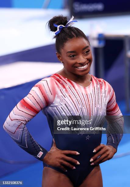 Simone Biles of Team United States reacts during the Women's Balance Beam Final on day eleven of the Tokyo 2020 Olympic Games at Ariake Gymnastics...