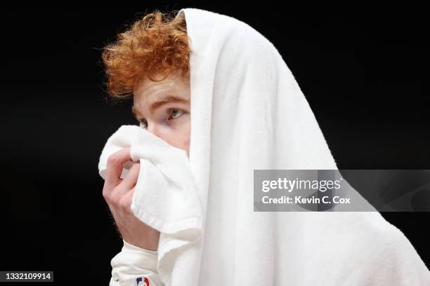 Niccolo Mannion of Team Italy looks on in disappointment following Team Italy's loss against Team France in a Men's Basketball Quarterfinal game on...
