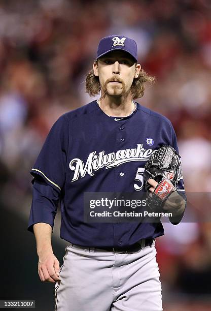 Relief pitcher John Axford of the Milwaukee Brewers during Game Four of the National League Championship Series against the St. Louis Cardinals at...