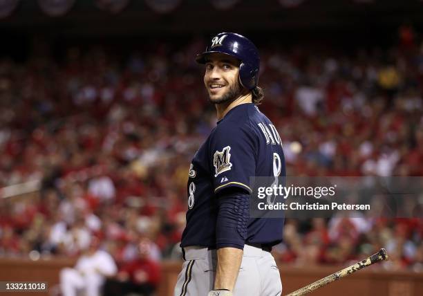 Ryan Braun of the Milwaukee Brewers during Game Four of the National League Championship Series against the St. Louis Cardinals at Busch Stadium on...