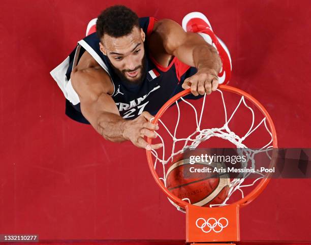 Rudy Gobert of Team France dunks against Team Italy during the second half of a Men's Basketball Quarterfinal game on day eleven of the Tokyo 2020...