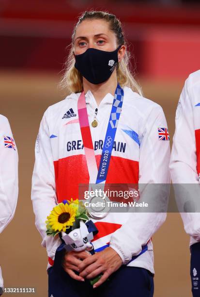 Silver medalist Laura Kenny of Team Great Britain, poses on the podium during the medal ceremony after the Women's team pursuit finals of the Track...