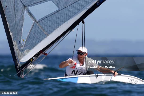 Josh Junior of Team New Zealand competes in the Men's Finn class medal race on day eleven of the Tokyo 2020 Olympic Games at Enoshima Yacht Harbour...