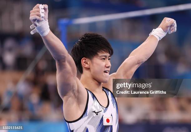 Daiki Hashimoto of Team Japan celebrates following his performance during the Men's Horizontal Bar Final on day eleven of the Tokyo 2020 Olympic...