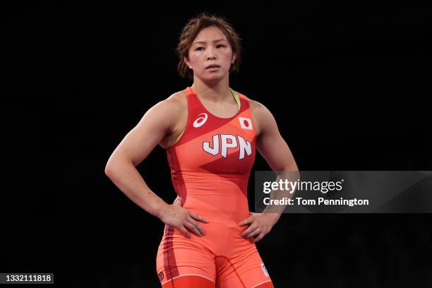 Yukako Kawai of Team Japan reacts against Taybe Mustafayusein of Team Bulgaria during the Women's Freestyle 62kg Semi Final on day eleven of the...