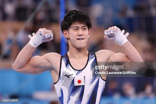 Daiki Hashimoto of Team Japan celebrates following his performance during the Men's Horizontal Bar Final on day eleven of the Tokyo 2020 Olympic...