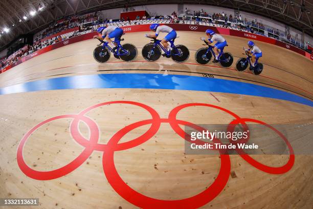 General view of Elisa Balsamo, Letizia Paternoster, Rachele Barbieri and Vittoria Guazzini of Team Italy sprint during the Women's team pursuit first...
