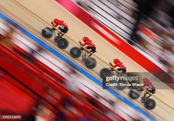 Lasse Norman Hansen, Niklas Larsen, Frederik Madsen and Rasmus Pedersen of Team Denmark compete during the Men´s team pursuit first round, heat 4 of...