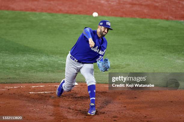 Josh Zeid of Team Israel pitches in the first inning against Team Dominican Republic during the knockout stage of men's baseball on day eleven of the...