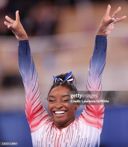 Simone Biles of Team United States competes in the Women's Balance Beam Final on day eleven of the Tokyo 2020 Olympic Games at Ariake Gymnastics...