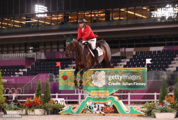 Enrique Gonzalez of Team Mexico riding Chacna competes during the Jumping Individual Qualifier on day eleven of the Tokyo 2020 Olympic Games at...