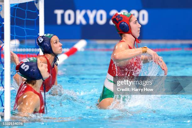 To R, Gabriella Szucs, Rita Keszthelyi and Alda Magyari of Team Hungary protect the goal with a minute to go during the Women's Quarterfinal match...