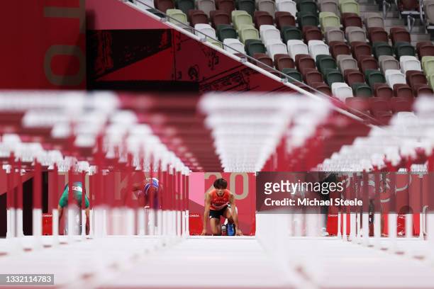 Taio Kanai of Team Japan looks on as he prepares to compete in round one of the Men's 110m Hurdles heats on day eleven of the Tokyo 2020 Olympic...