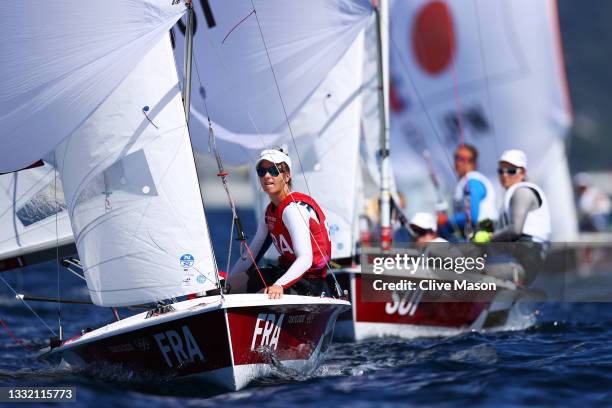 Camille Lecointre and Aloise Retornaz of Team France compete in the Women's 470 class on day eleven of the Tokyo 2020 Olympic Games at Enoshima Yacht...