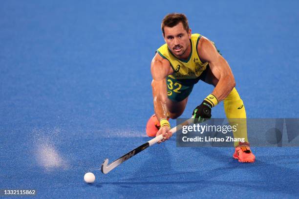 Jeremy Thomas Hayward of Team Australia passes the ball during the Men's Semifinal match between Australia and Germany on day eleven of the Tokyo...