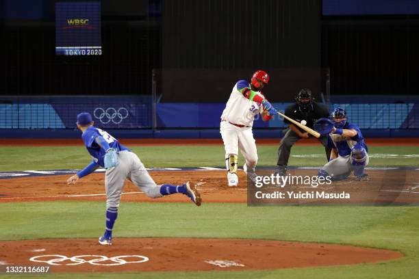 Juan Francisco of Team Dominican Republic bats against Josh Zeid of Team Israel during the knockout stage of men's baseball on day eleven of the...