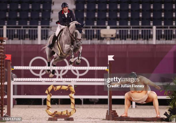Mathieu Billot of Team France riding Quel Filou 13 competes during the Jumping Individual Qualifier on day eleven of the Tokyo 2020 Olympic Games at...