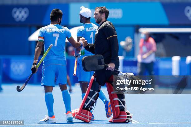 John-John Dohmen of Belgium, goalkeeper Vincent Vanasch of Belgium competing in the Men's Semi Final between India and Belgium during the Tokyo 2020...