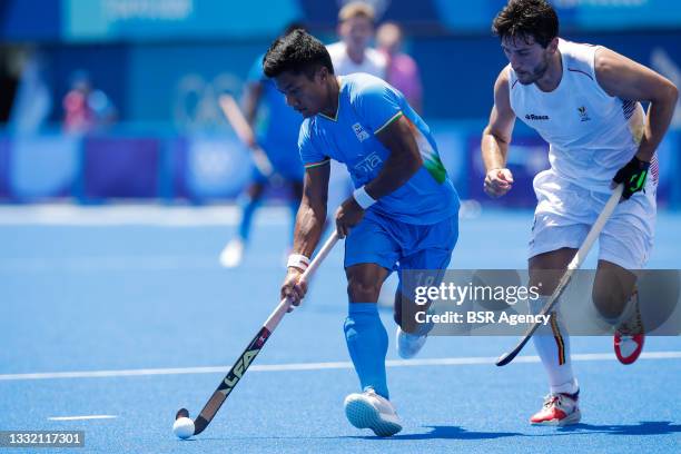 Nilakanta Sharma of India competing in the Men's Semi Final between India and Belgium during the Tokyo 2020 Olympic Games at the Oi Hockey Stadium on...