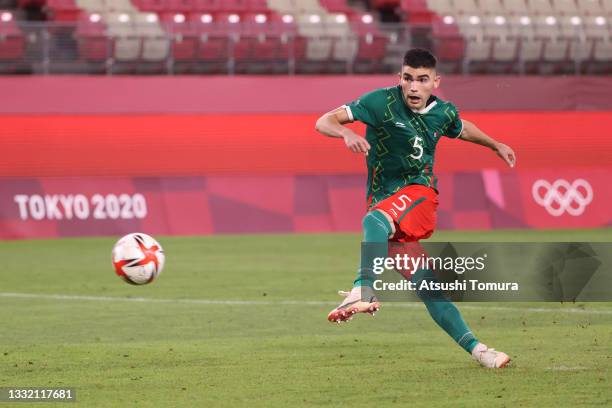 Johan Vasquez of Team Mexico misses their side's second penalty during the penalty shoot out during the Men's Football Semi-final match between...