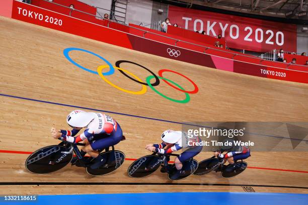 Josie Knight, Katie Archibald and Laura Kenny of Team Great Britain during the Women's team pursuit finals, gold medal of the Track Cycling on day...