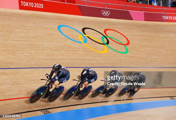 Holly Edmondston, Bryony Botha, Kirstie James and Jaime Nielsen of Team New Zealand compete during the Women's team pursuit, 7-8 of the Track Cycling...
