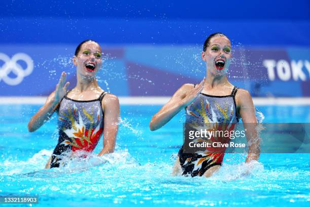 Alexandra Nemich and Yekaterina Nemich of Team Kazakhstan compete in the Artistic Swimming Duet Technical Routine on day eleven of the Tokyo 2020...
