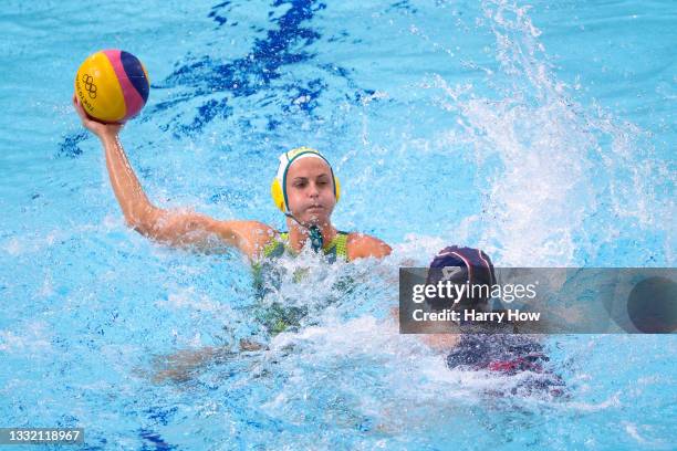 Bronte Halligan of Team Australia is challenged by Elvina Karimova of Team ROC during the Women's Quarterfinal match between Australia and Team ROC...