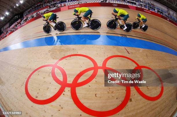 General view of Maeve Plouffe, Georgia Baker, Alexandra Manly and Annette Edmondson of Team Australia as they sprint during the Women's team pursuit...