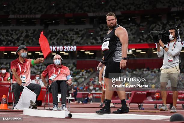 Tomas Walsh of Team New Zealand reacts as the judges make a decision during the Men's Shot Put qualification on day eleven of the Tokyo 2020 Olympic...
