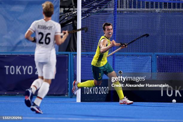 Lachlan Thomas Sharp of Team Australia celebrates after scoring their team's third goal during the Men's Semifinal match between Australia and...