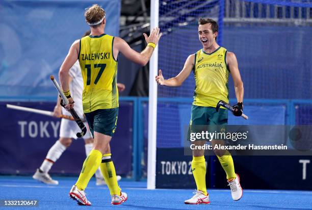 Lachlan Thomas Sharp of Team Australia celebrates with teammate Aran Zalewski after scoring their team's third goal during the Men's Semifinal match...