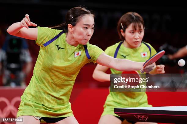 Ishikawa Kasumi and Hirano Miu of Team Japan in action during their Women's Team Semifinal table tennis match on day eleven of the Tokyo 2020 Olympic...