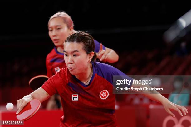 Lee Ho Ching and Minnie Soo of Team Hong Kong in action during their Women's Team Semifinal table tennis match on day eleven of the Tokyo 2020...