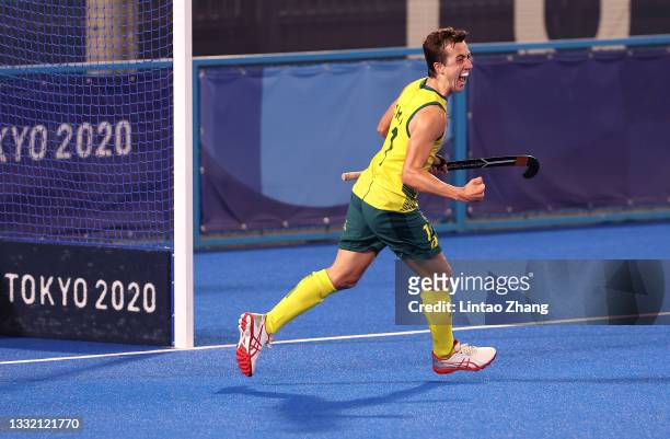 Lachlan Thomas Sharp of Team Australia celebrates after scoring their team's third goal during the Men's Semifinal match between Australia and...